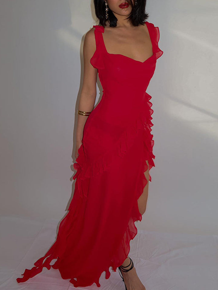 Red Chiffon Frill Slip Maxi Dress