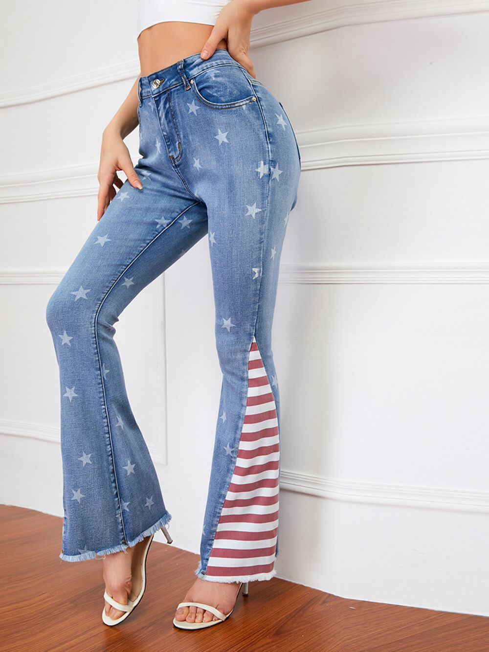 Jeans a righe colorblock con stelle stampate
