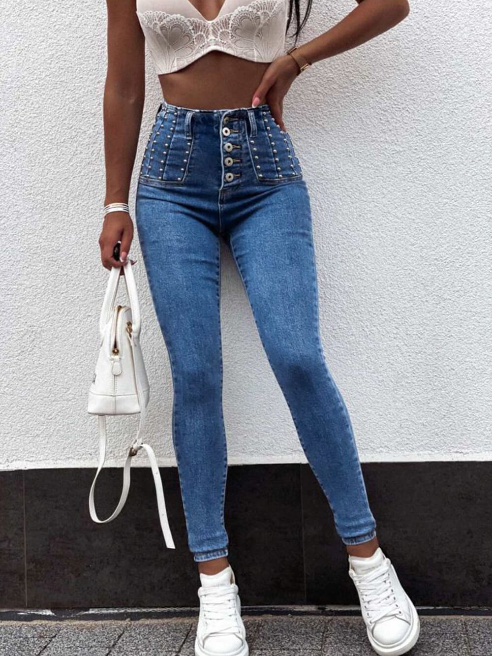Slim Fit Beaded Bläistëft Jeans
