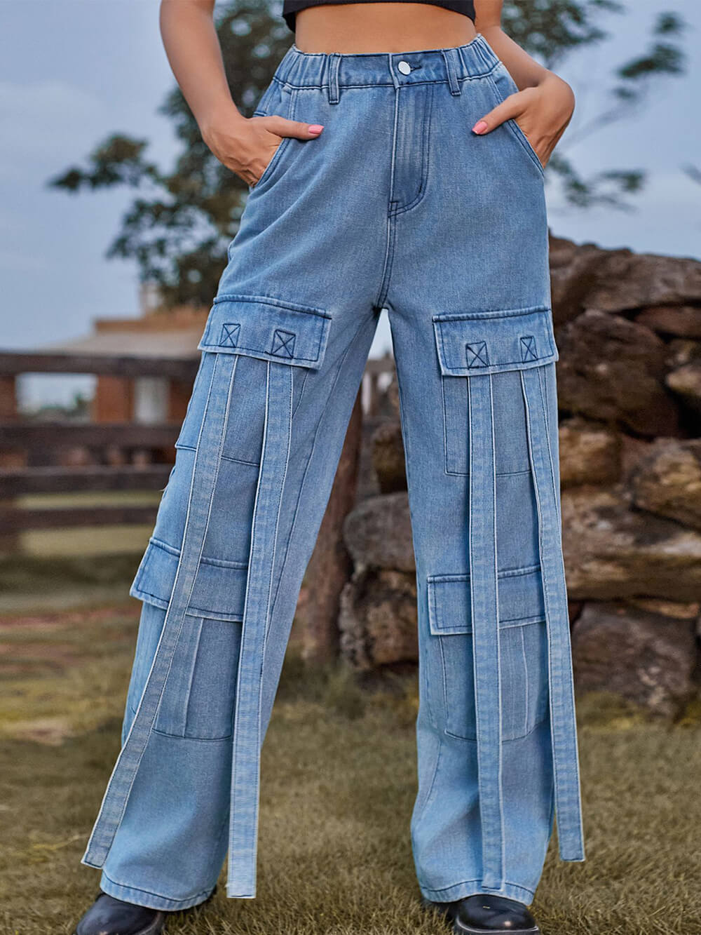 Calça Jeans Cargo com Fita Lavada
