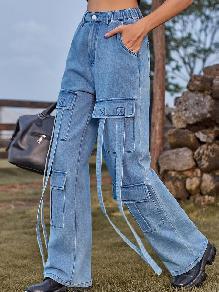 Calça Jeans Cargo com Fita Lavada