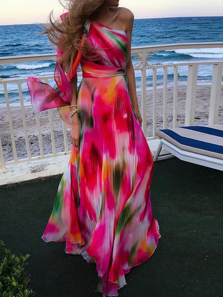 Tęczowa sukienka maxi z plisowanym dekoltem