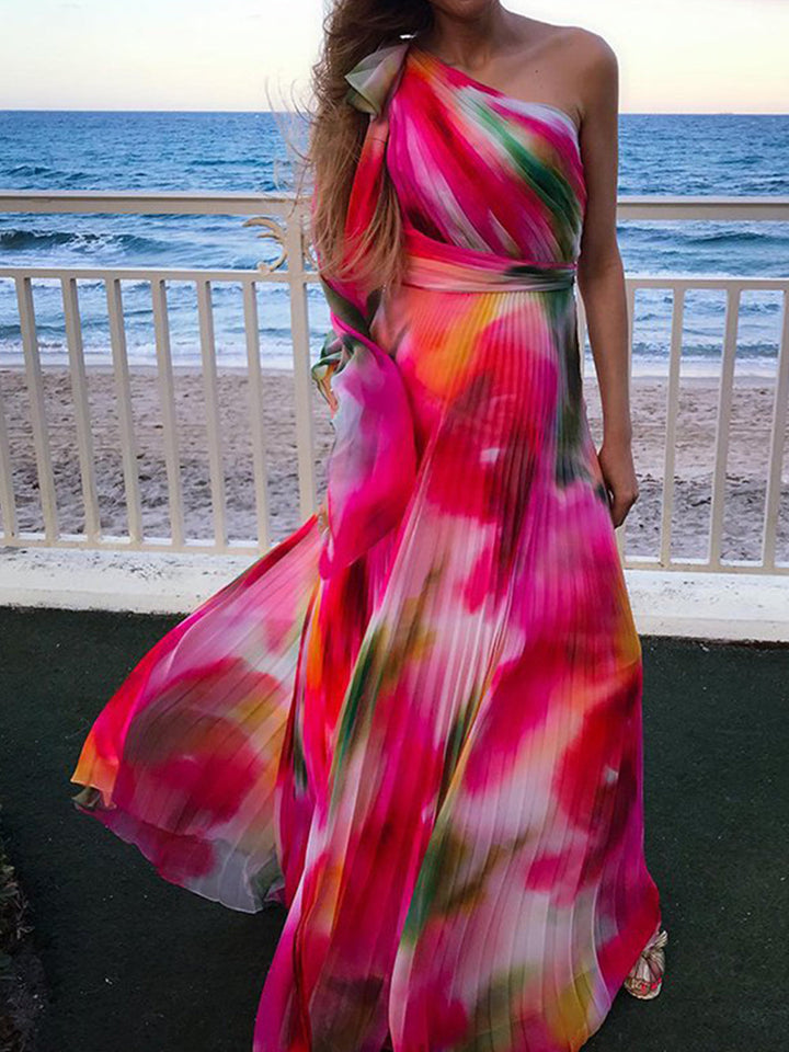 Tęczowa sukienka maxi z plisowanym dekoltem