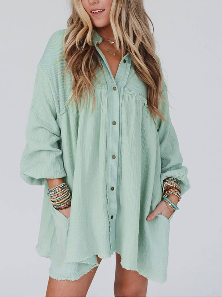 Φόρεμα πουκάμισο με φουσκωτά μανίκια με πράσινο συνονθύλευμα