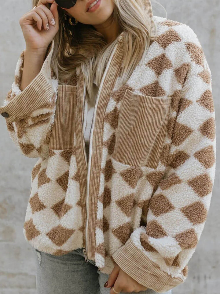 Jaqueta de veludo cotelê com padrão losango e bolsos