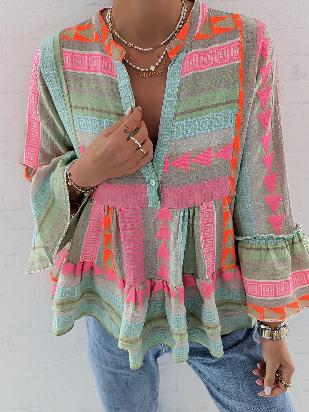 Colorful Ethnic Bell Sleeve Babydoll Top