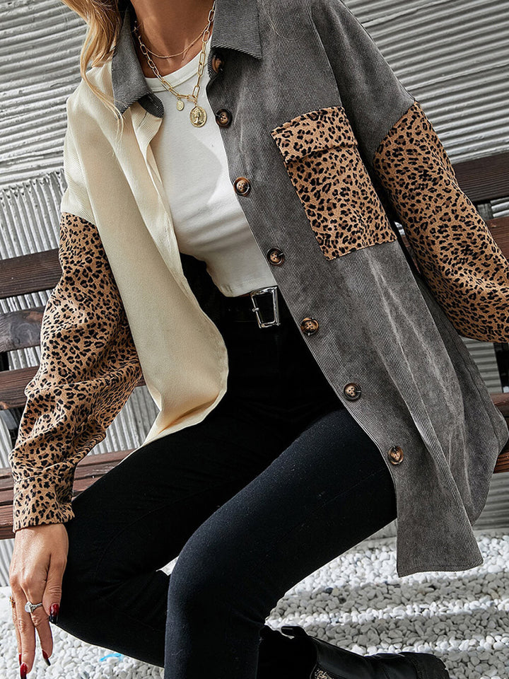 Gray Color Block Leopard Patched Corduroy Shacket