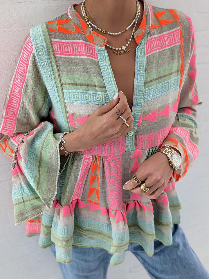 Colorful Ethnic Bell Sleeve Babydoll Top