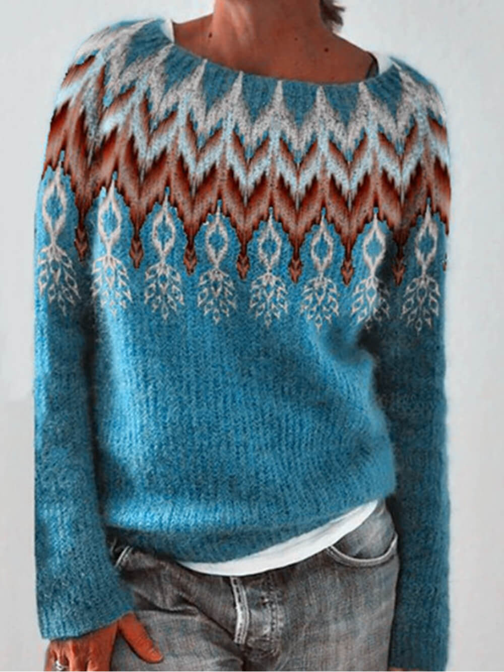 라운드 넥 컬러 블록 루즈 풀오버 스웨터