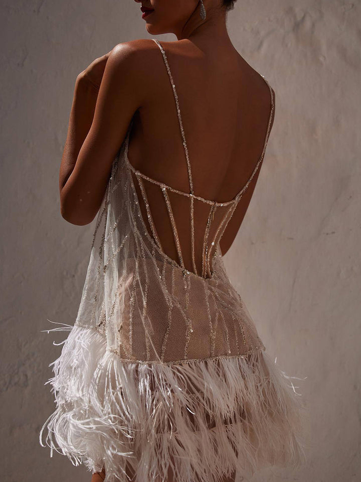 Sexy Backless Fringed Mesh Sequin Minirock