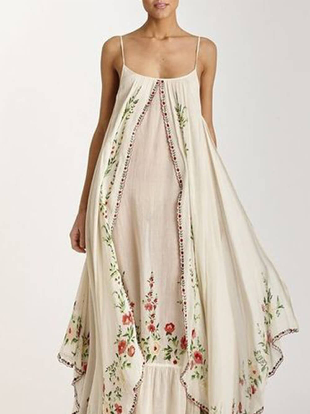 Bedrucktes, schwingendes, lockeres langes Kleid mit Rundhalsausschnitt