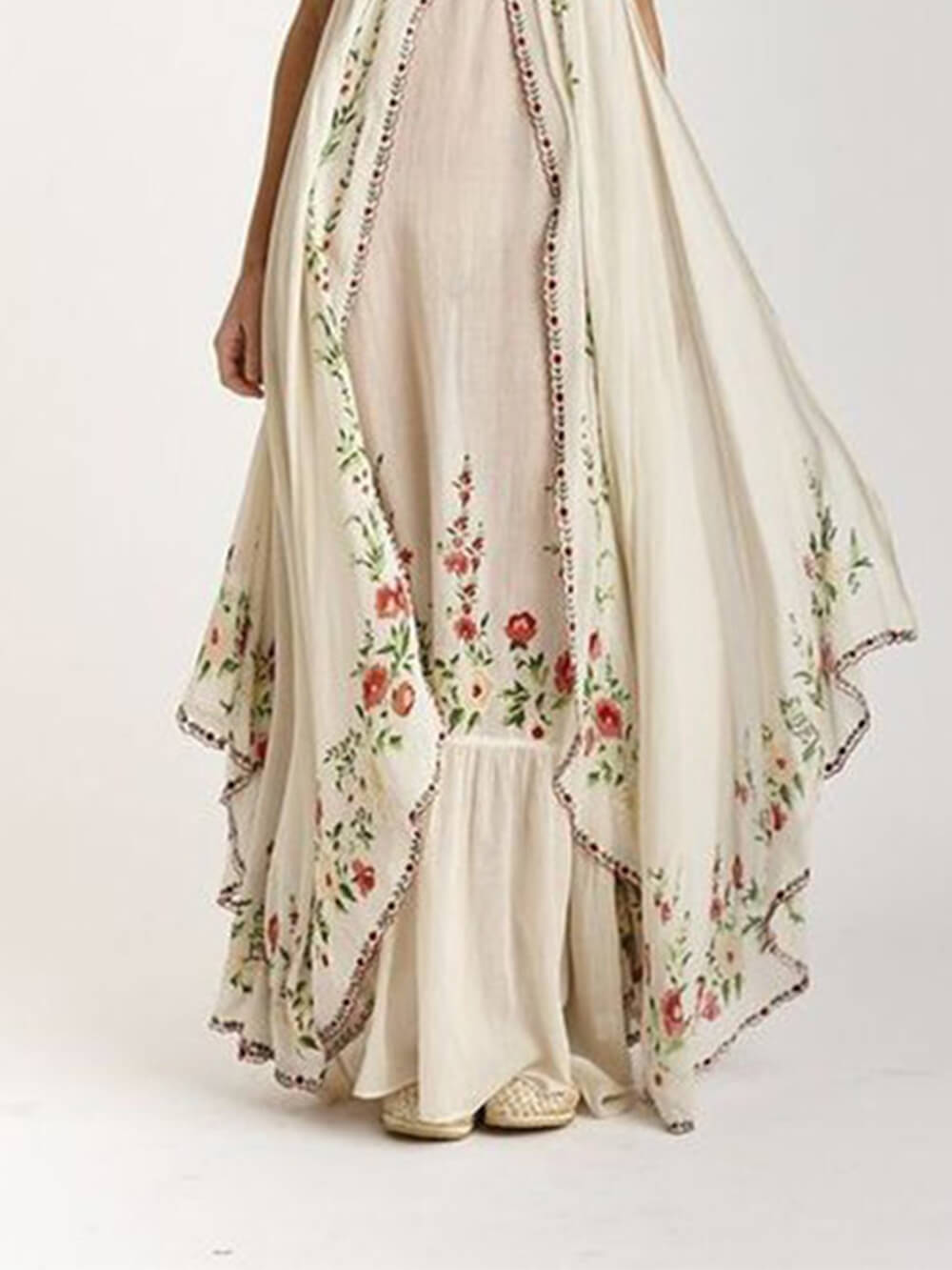 Bedrucktes, schwingendes, lockeres langes Kleid mit Rundhalsausschnitt