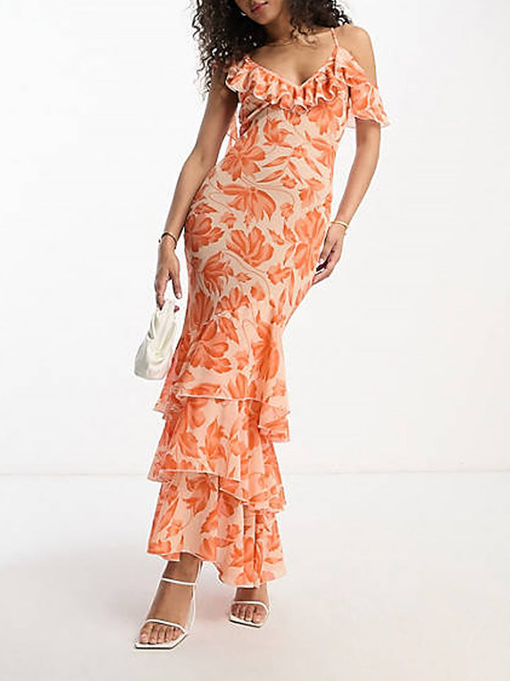 Vestido largo asimétrico con hombros en jacquard floral naranja