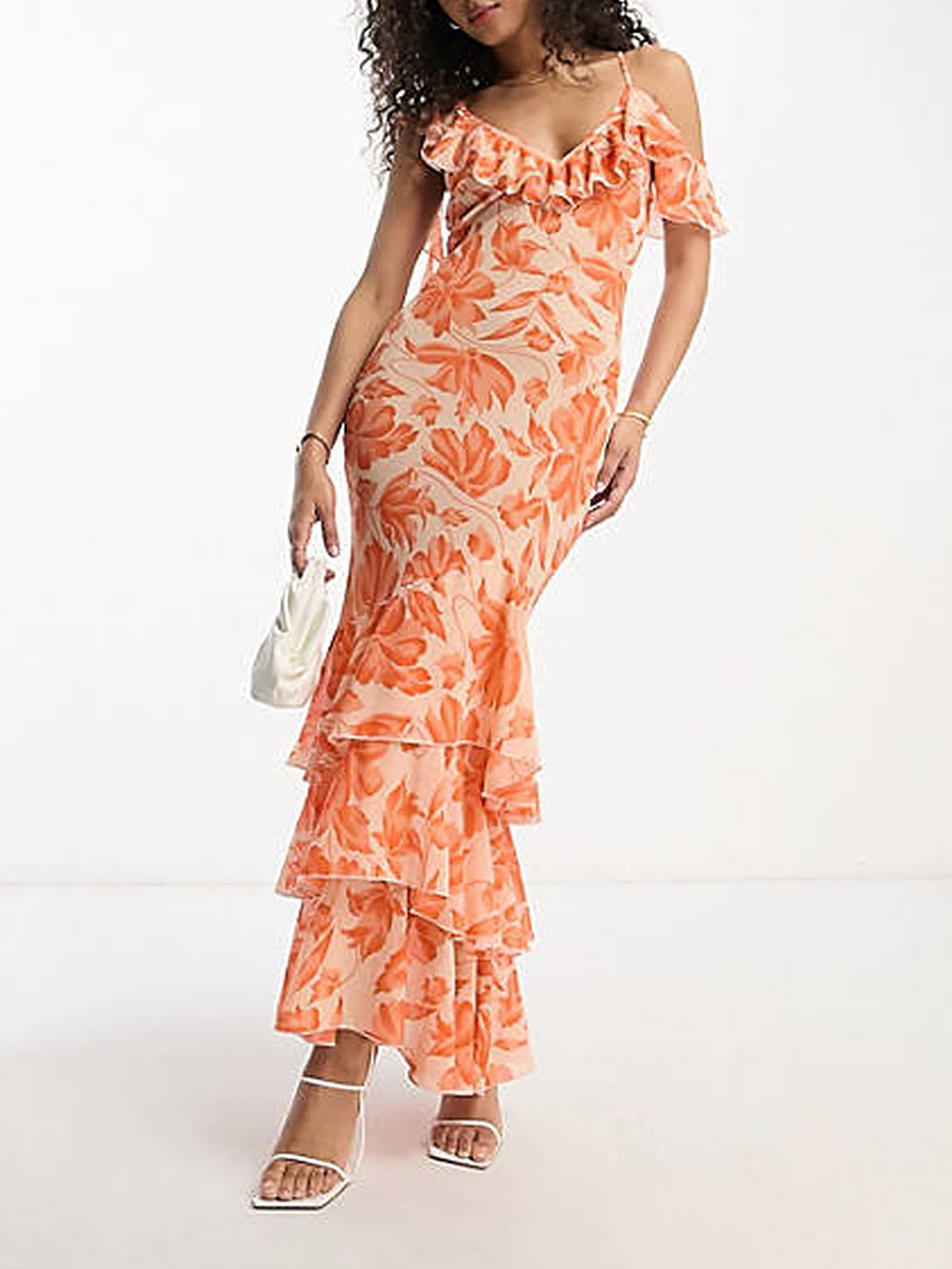 שמלת מקסי אסימטרית לכתף בצבע כתום פרחוני אקארד