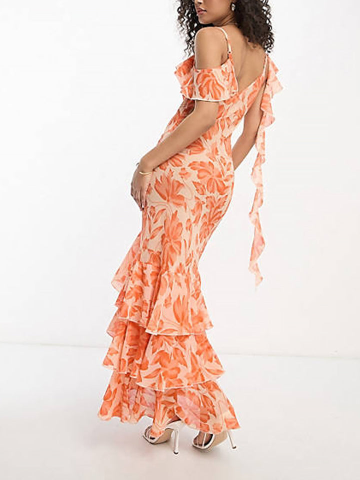 Asymetryczna sukienka maxi z ramionami z pomarańczowego żakardu w kwiaty