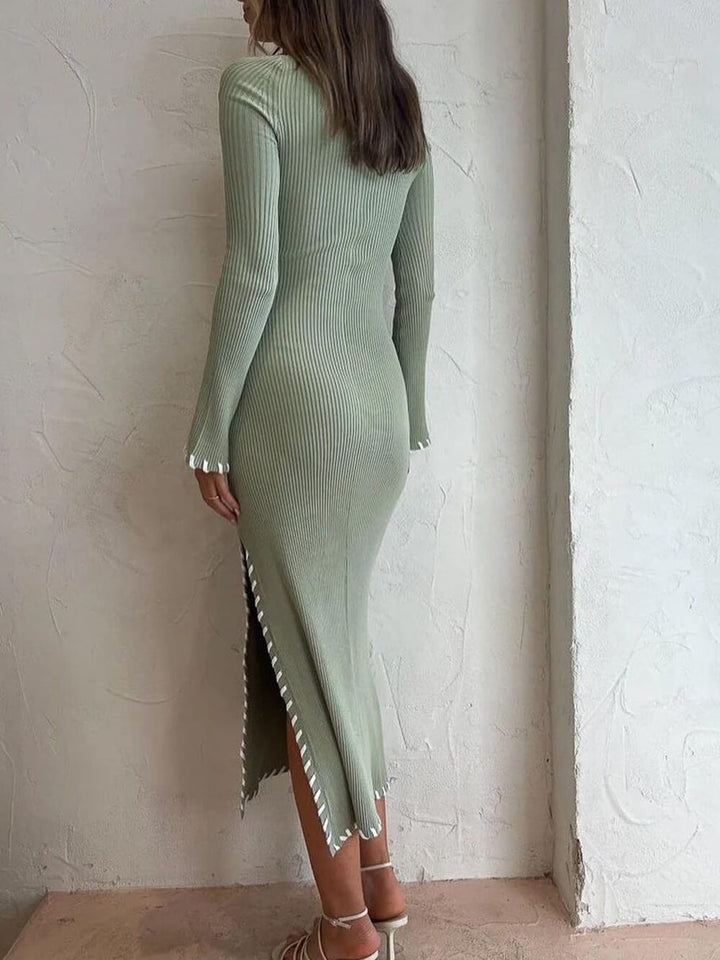 Μίντι φόρεμα με ψηλόμεσο μονόχρωμο Bodycon με σκίσιμο