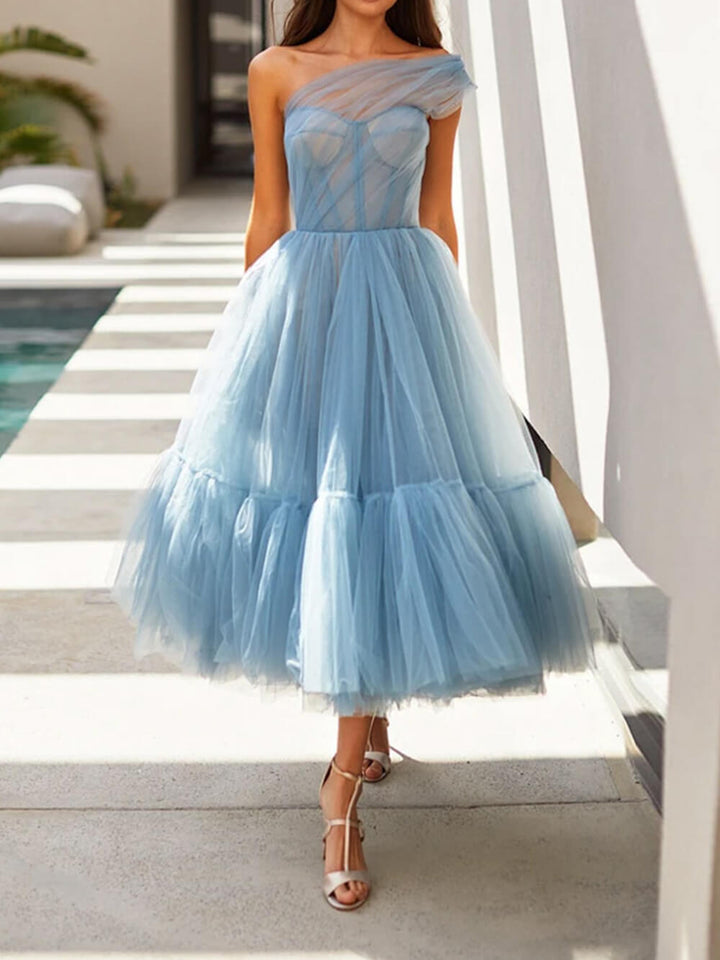 Off-Soulder Ensfarvet Elegant Gaze Midi-kjole