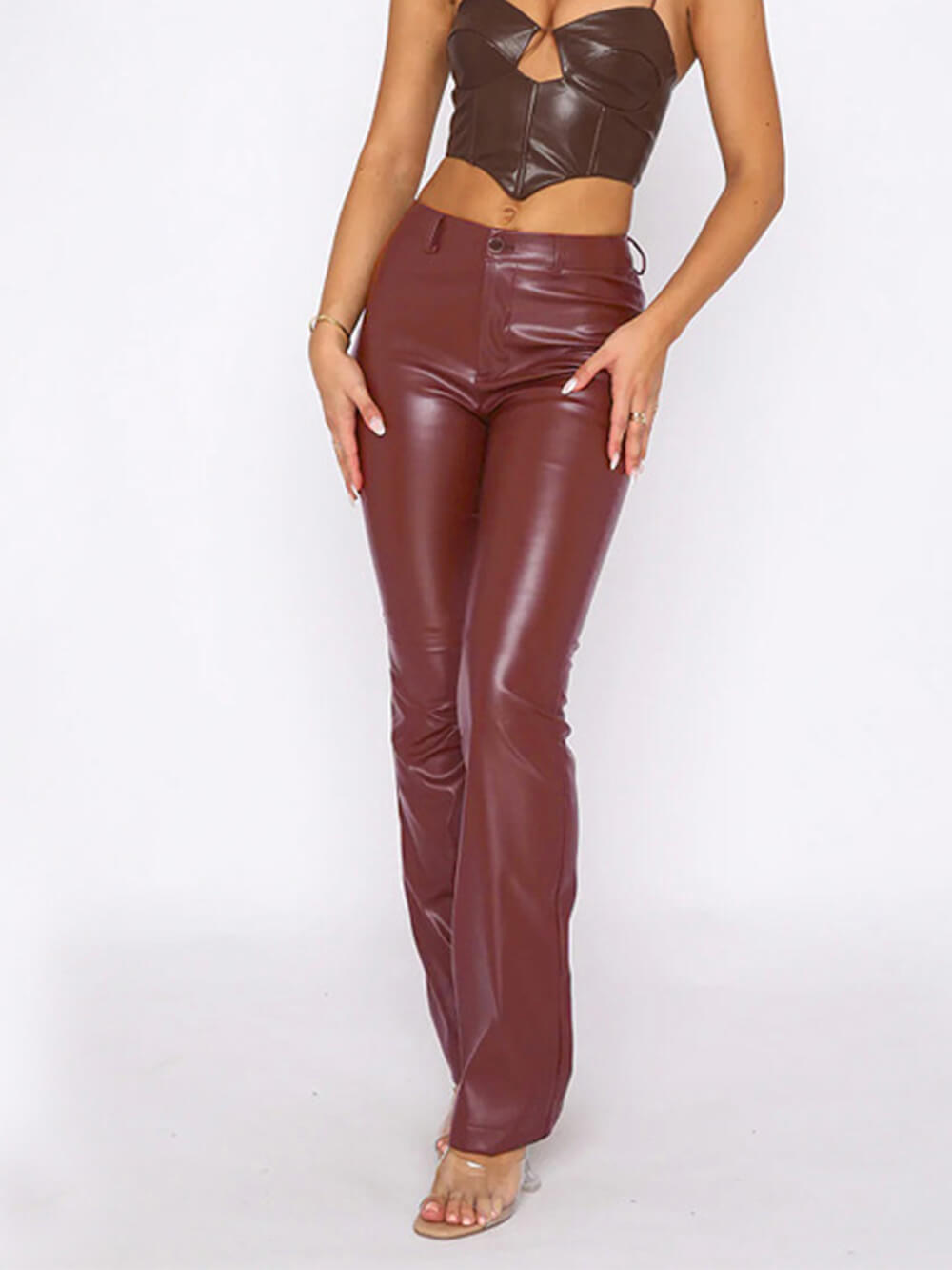 Vysoké elastické Pu Leather rovné kalhoty