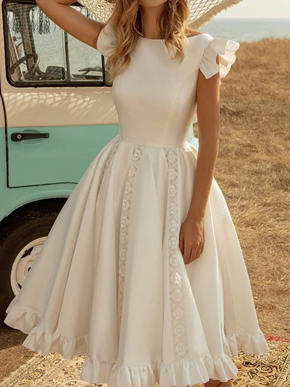 Enfärgad Elegant Puff Midi-klänning