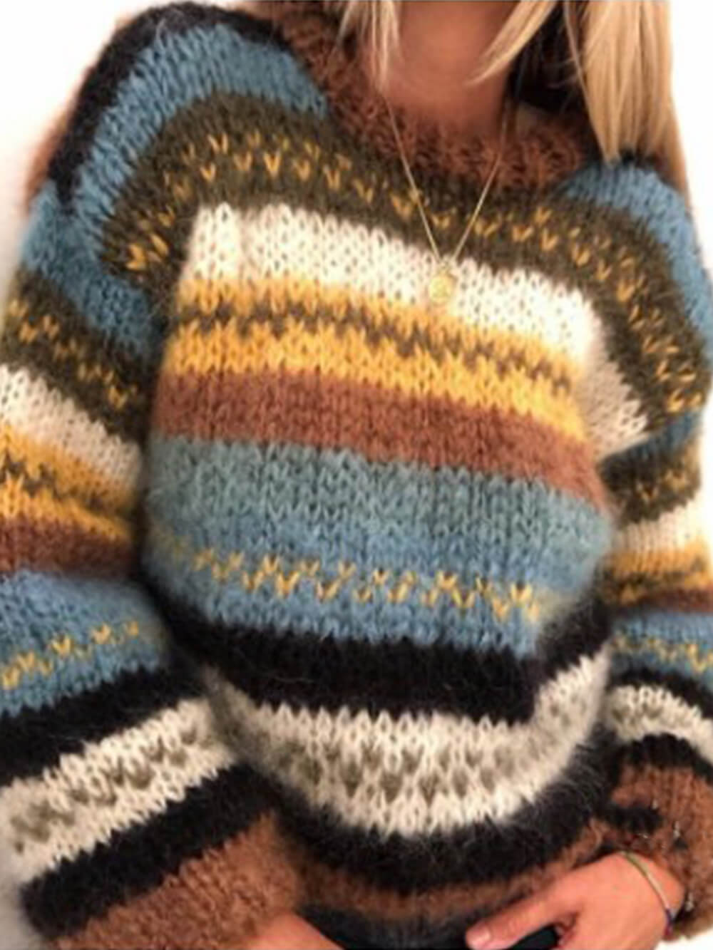 Duhový volný ležérní teplý pletený svetr
