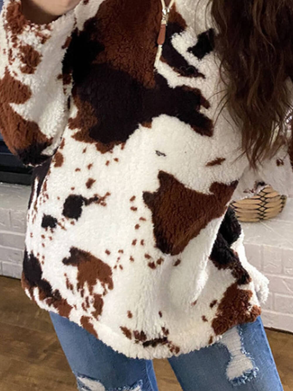 Cow Print Zipper Long Sleeve Pullover Sweatshirt