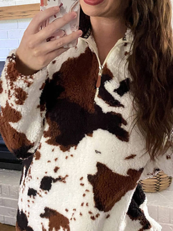 Cow Print Zipper Long Sleeve Pullover Sweatshirt