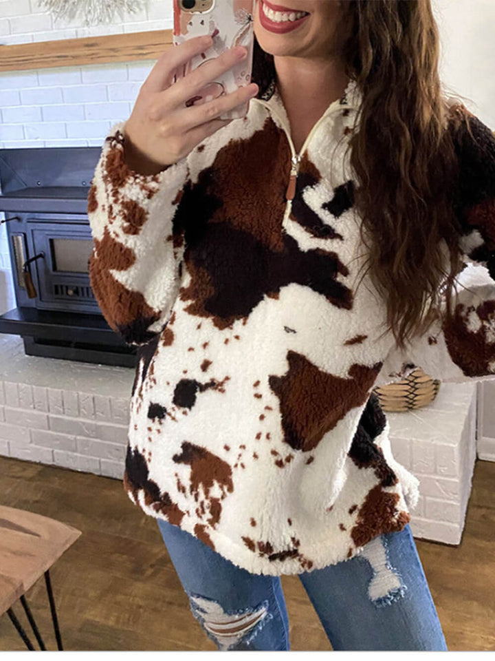 Langärmliges Pullover-Sweatshirt mit Kuh-Print und Reißverschluss