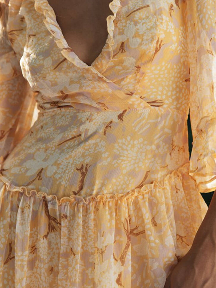 V-Neck Trumpet Sleeve Lace-Up Mini Dress