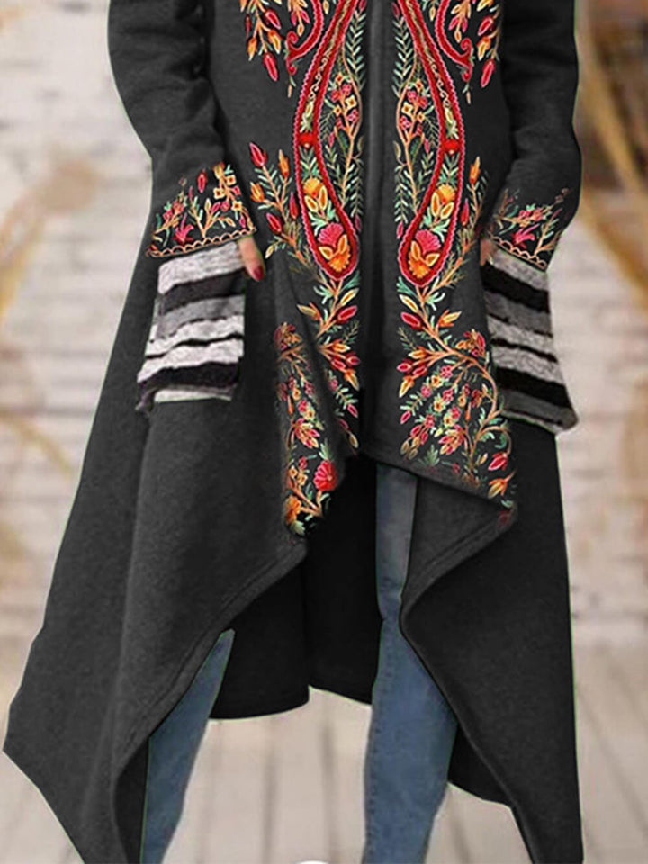 Květinový kabát s otevřeným úpletem z pleteniny s kapucí