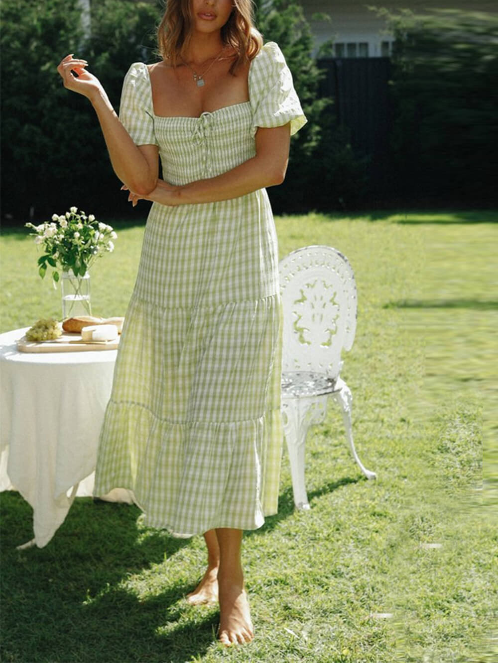 Elegant Plaid Long Skirt Puff Sleeve Midi Dress