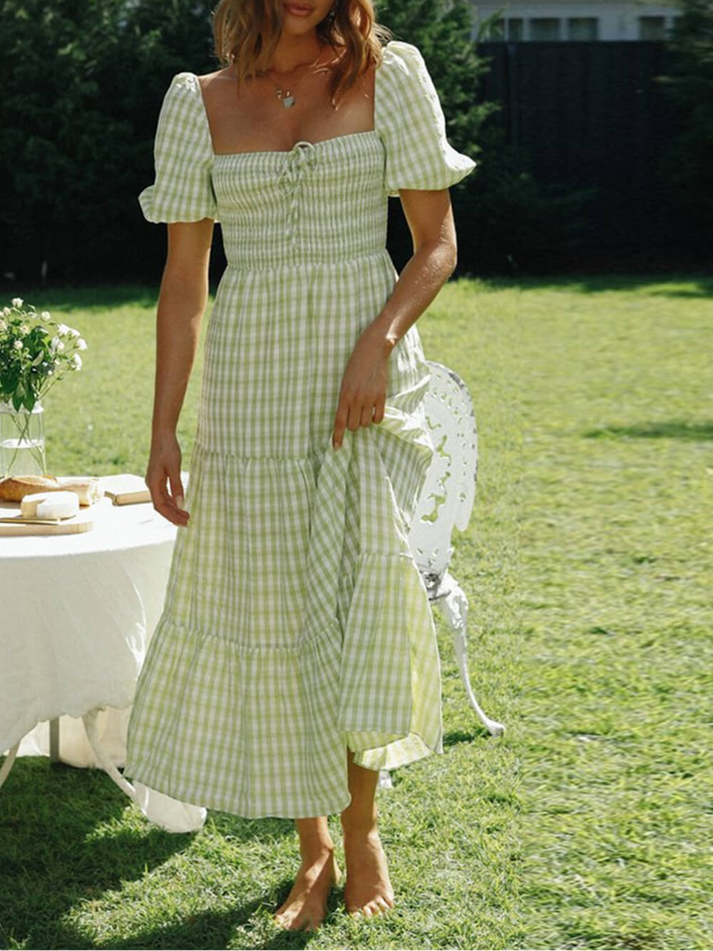 Elegant Plaid Long Skirt Puff Sleeve Midi Dress
