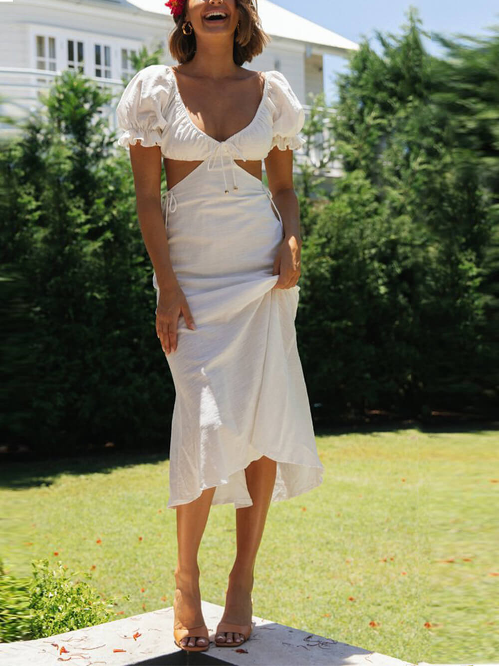 Sukienka midi z rękawami księżniczki w jednolitym kolorze