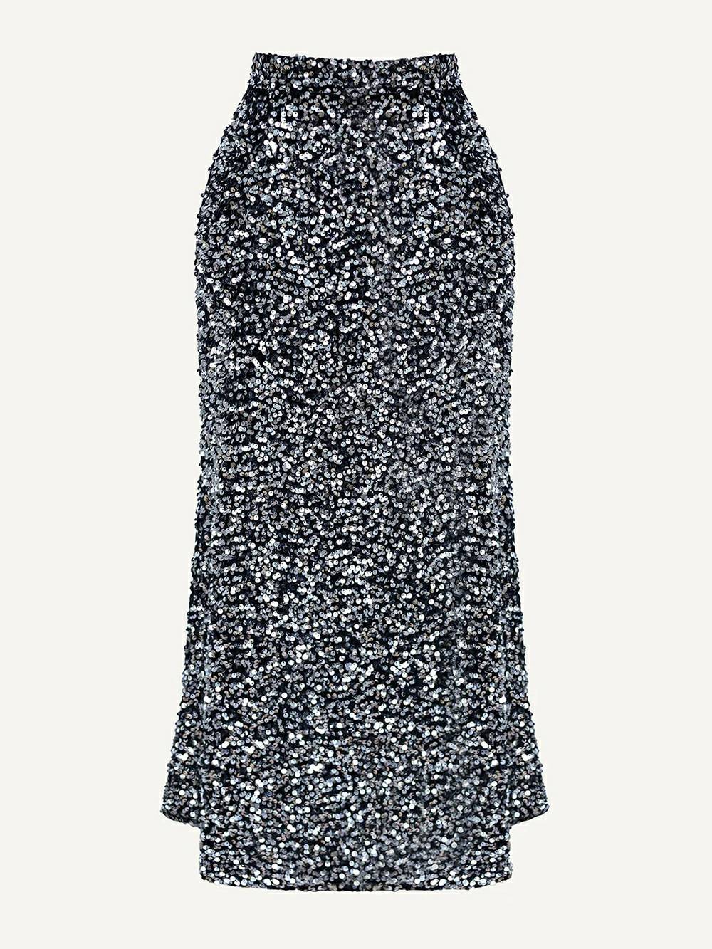 シルバーのスパンコール装飾ベルベット スカート