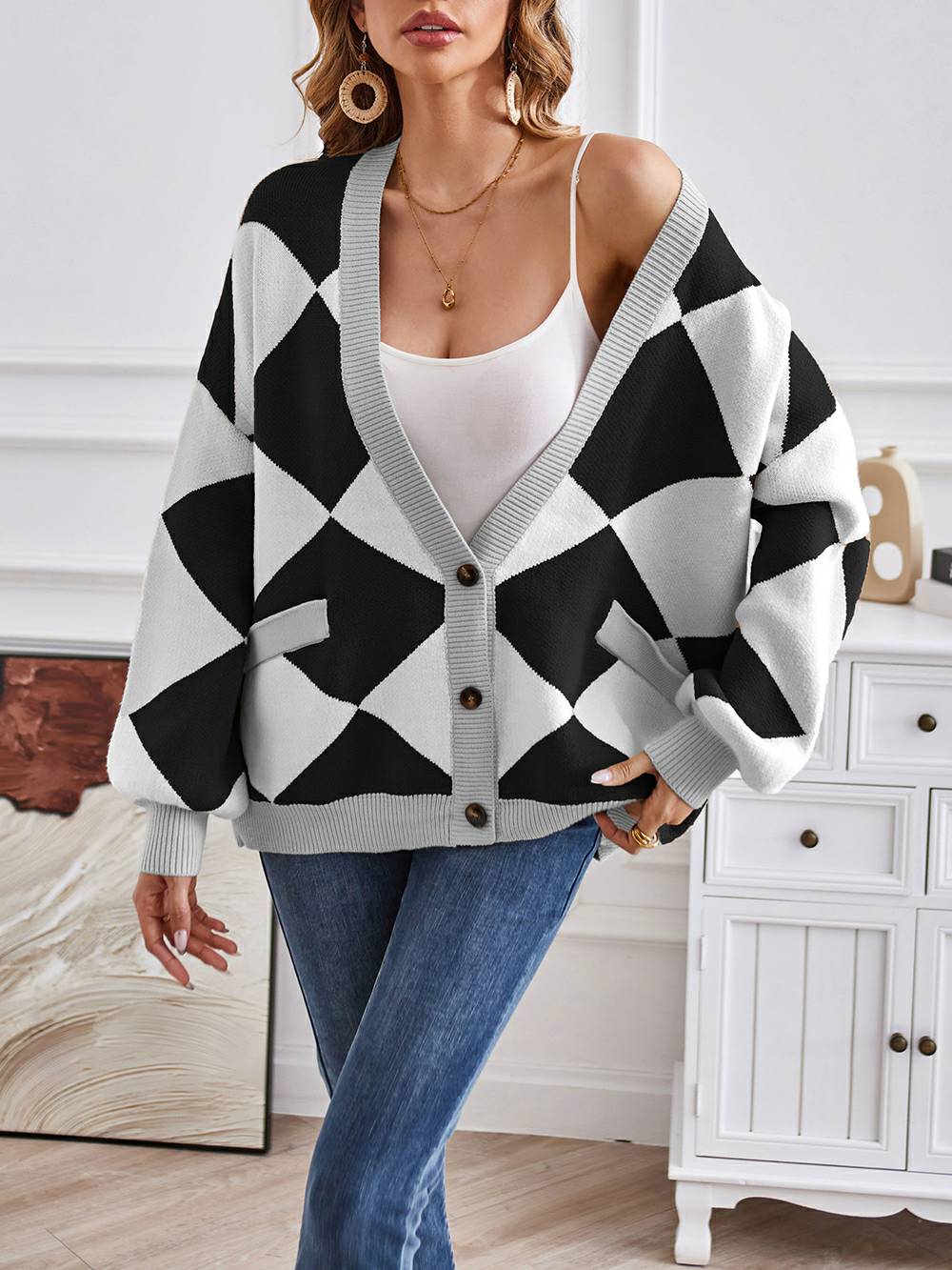 Cardigan en tricot à blocs de couleurs géométriques à col en V