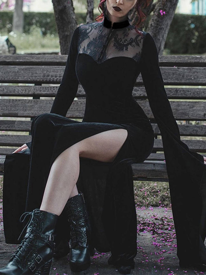 Vestido largo de bruja con falda con abertura sexy de Halloween