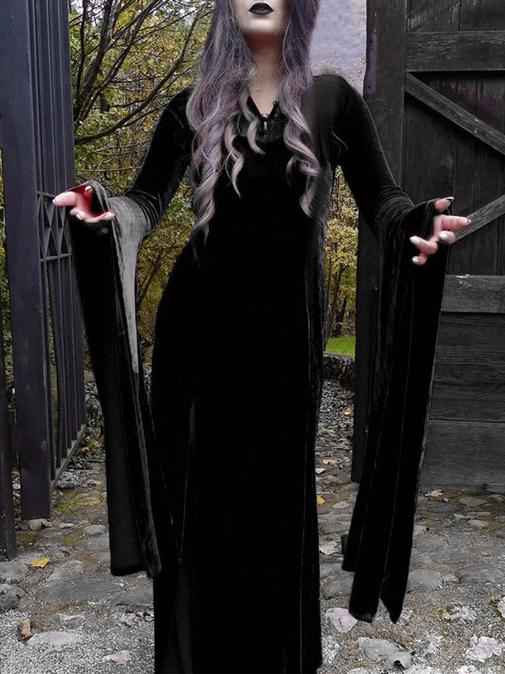 Vestido maxi de bruxa com saia sexy com fenda para Halloween