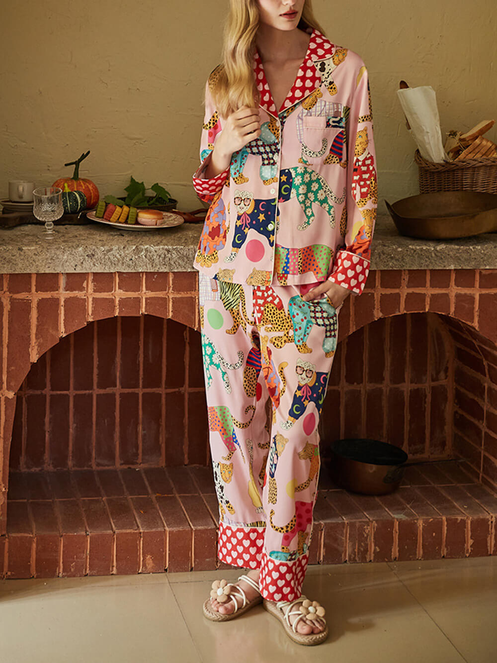 Dressing Zijden pyjamaset met luipaardprint