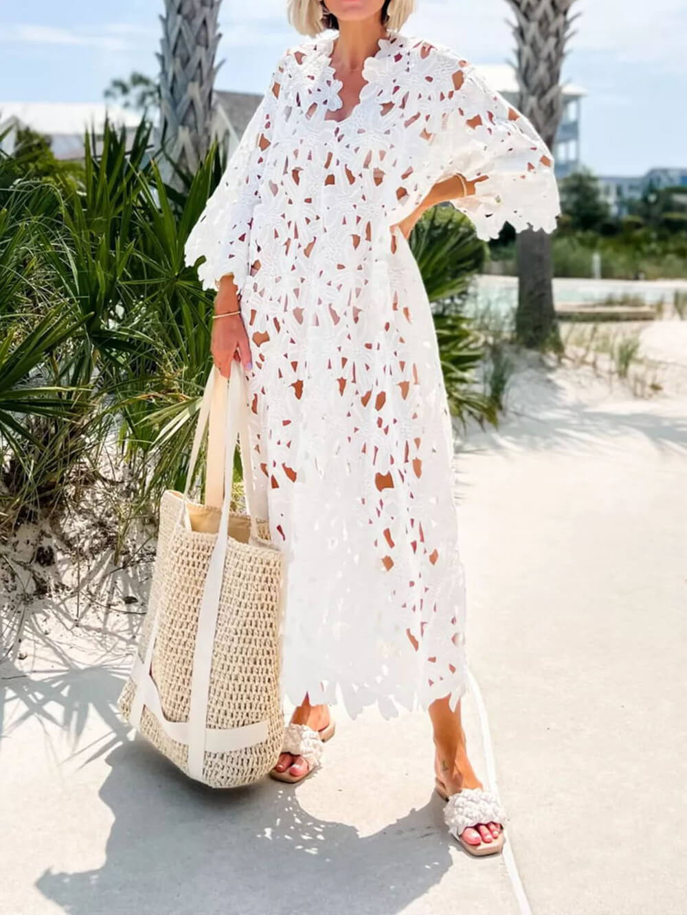 Blommig Eyelet Lace Cover Up Beach Midi-klänning