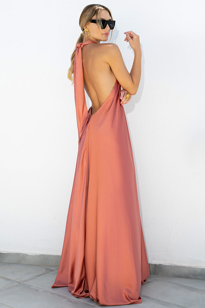 שמלת מקסי ארוכה אלגנטית סאטן: צווארון הלטר ללא גב
