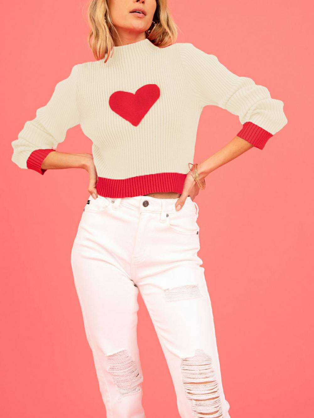 Suéter de malha com gola alta com padrão de coração para o Dia dos Namorados