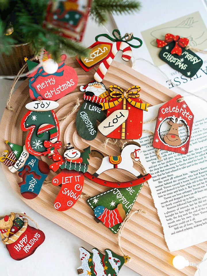 Conjunto de mini adornos de madera pintados a mano de Navidad vintage
