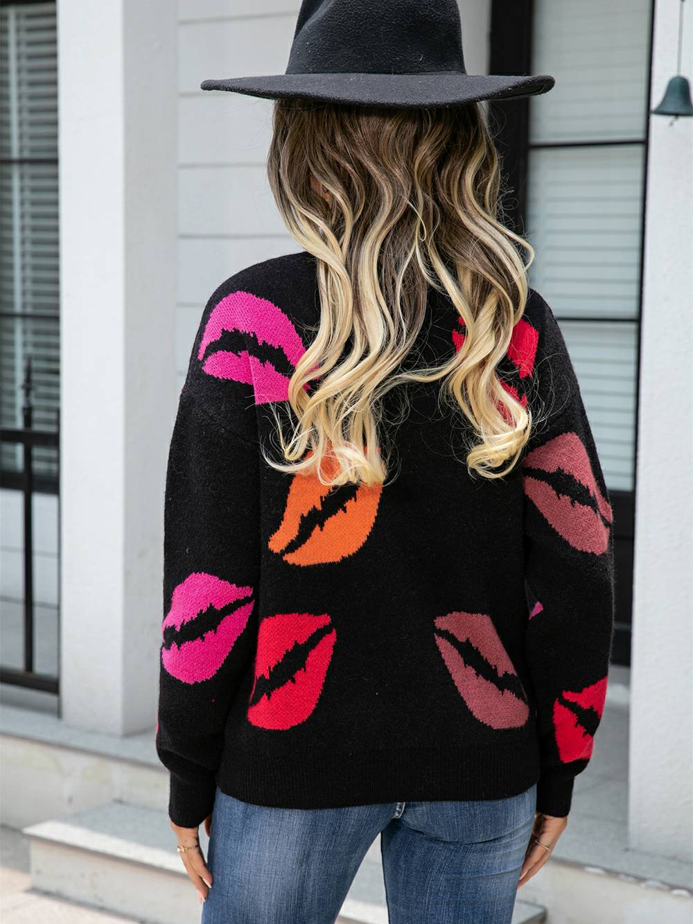 Suéter pulôver de malha com decote em V Lips of Love