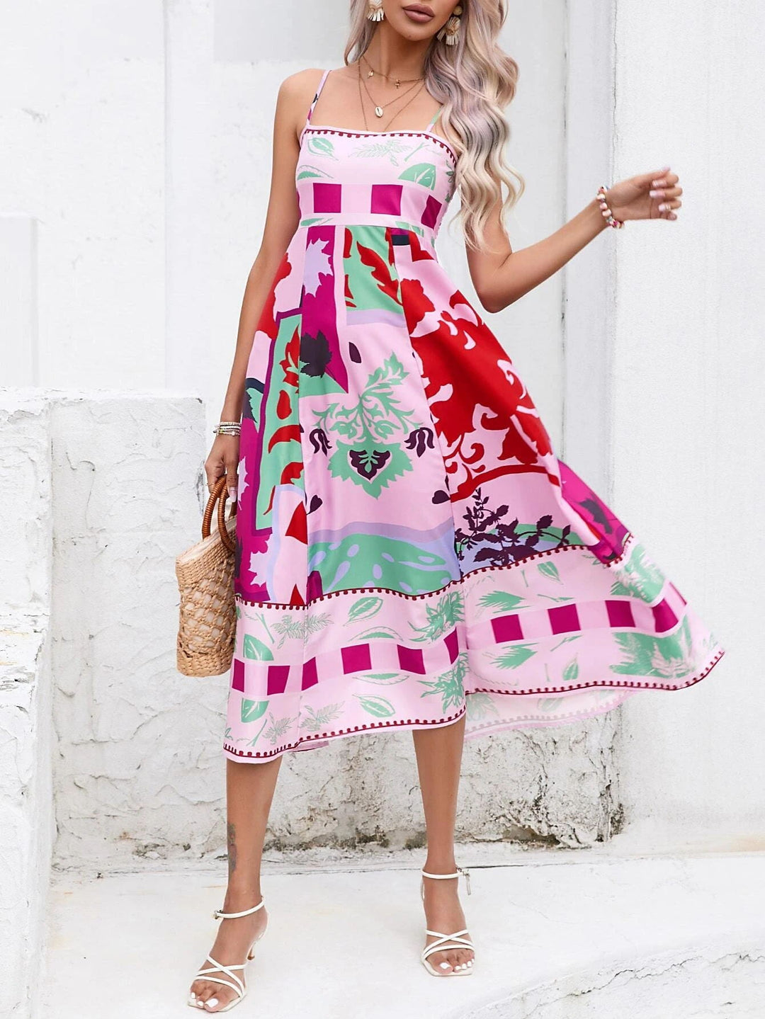 패치워크 슬립 맥시 드레스: 추상적인 컬러풀 프린트