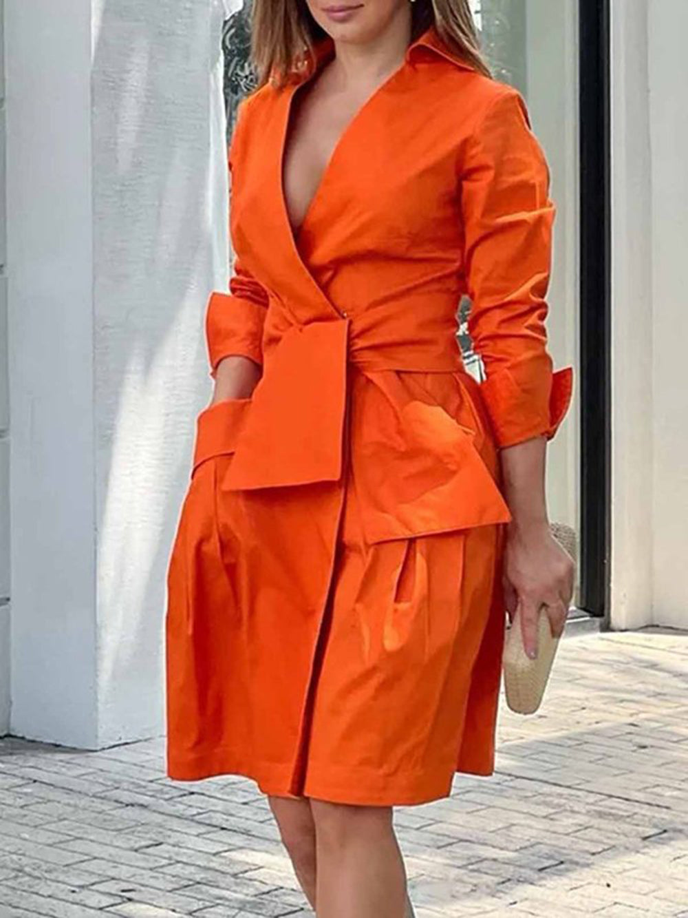 Πορτοκαλί ντυμένο βαμβακερό φόρεμα περιτυλίγματος-shirt