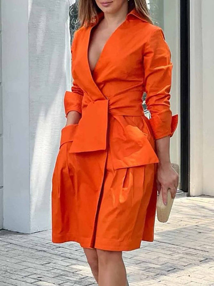 Pomarańczowa, drapowana bawełniana sukienka koszulowa