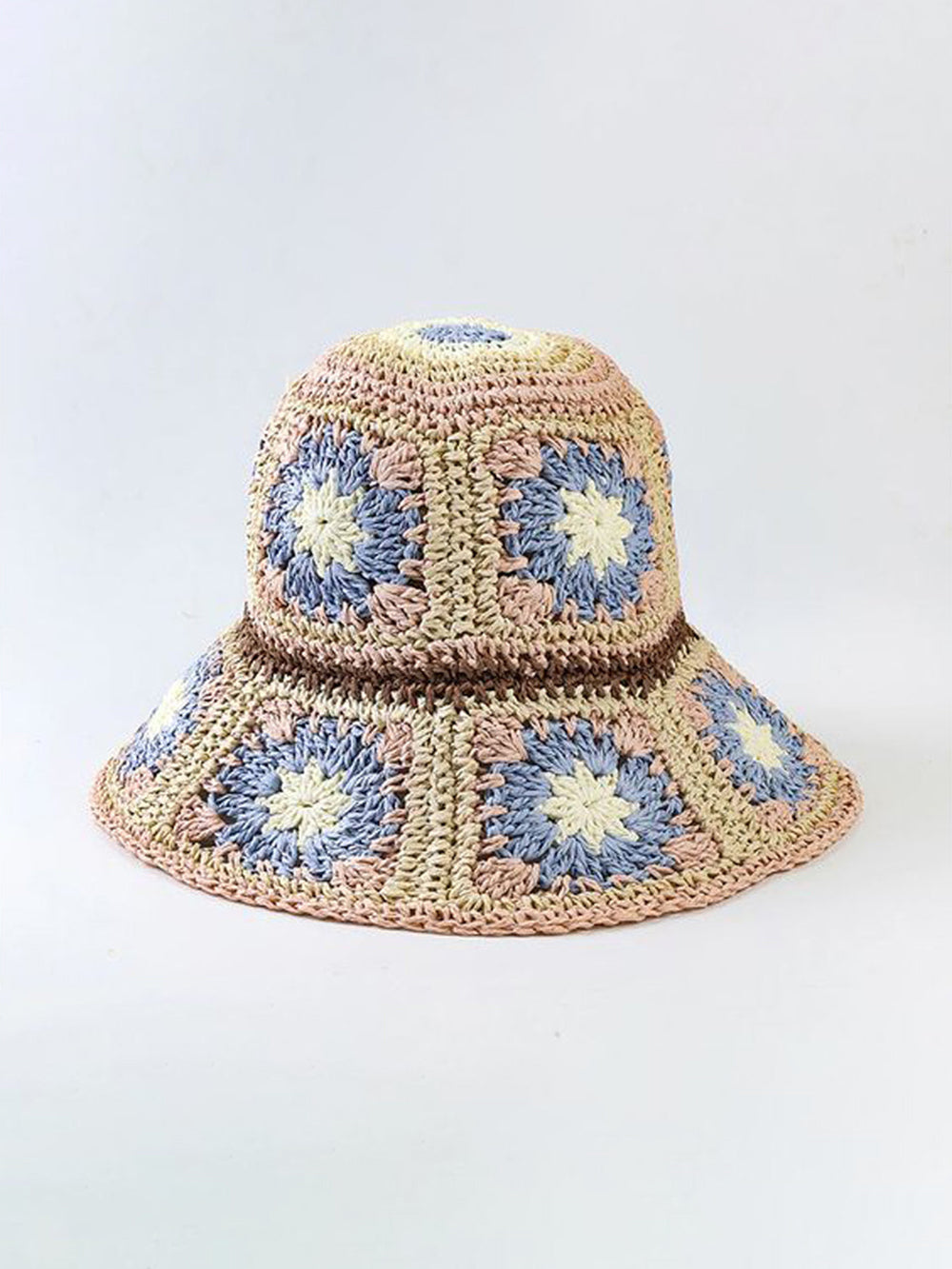 かぎ針編みの帽子 花 ベージュ ブルー