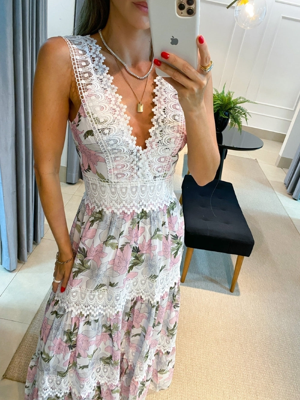Lace Trim Pixel Floral Maxi Dresses