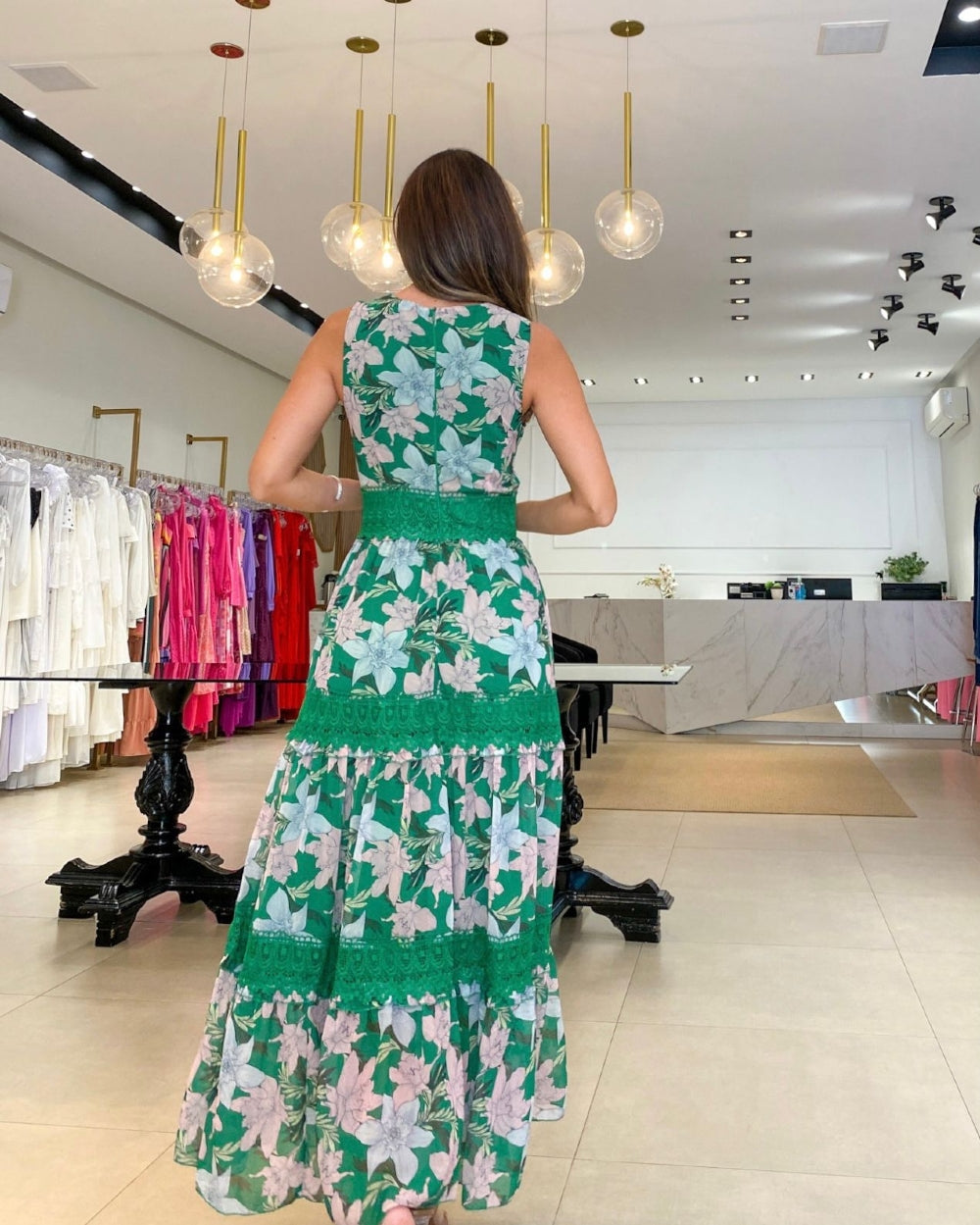 Lace Trim Pixel Floral Maxi Dresses