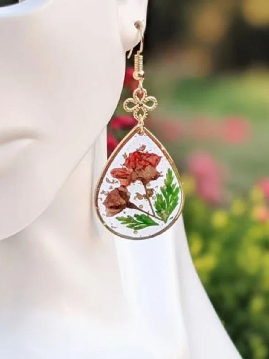 Ohrringe aus gepressten Blumen aus Kunstharz – Friedensknoten-Rosen und Farne