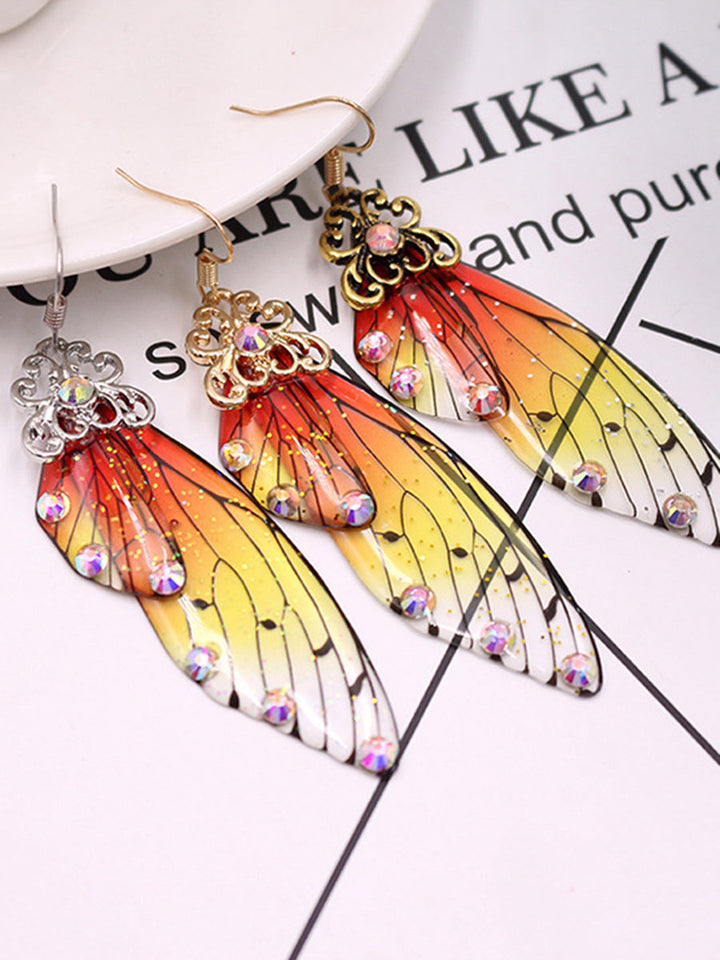 Křišťálové náušnice s motýlím křídlem se žlutými drahokamy s cikádovým křídlem